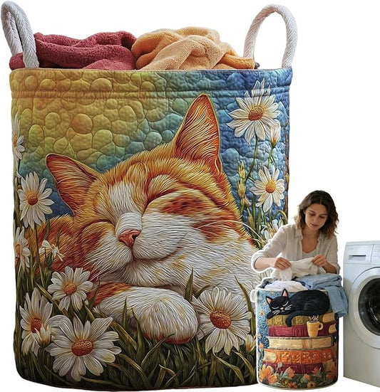 Cat Quilted Laundry Basket - 18"/22"/28", 2026 Large Quilted Cat Laundry Basket with Handles, Cozy Cat Fabric Storage Hamper for Nursery, Bedroom, Laundry Room, Clothes & Toys (8, L 20"X28”)