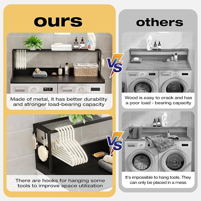 Washer Dryer Countertop with Shelf, Washer Dryer Topper, Solid Wood Washers and Dryers Countertop, 54" Width x 27.5" Depth Laundry Countertop for Laundry Room Organization and Storage, Walnut