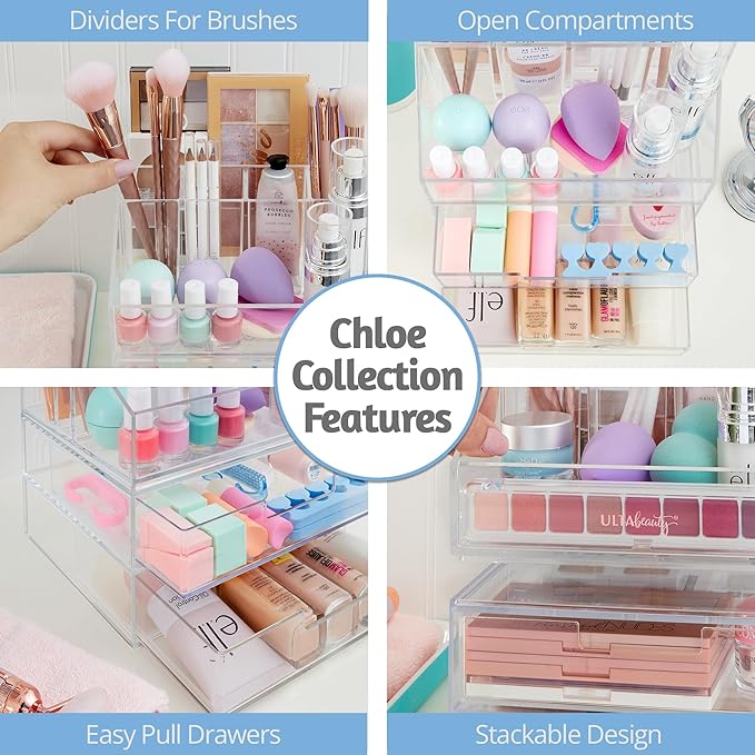 STORi Chloe Stackable Clear Makeup Holder and 4 Drawer Bundle | Organize Cosmetics and Beauty Supplies | Made in USA