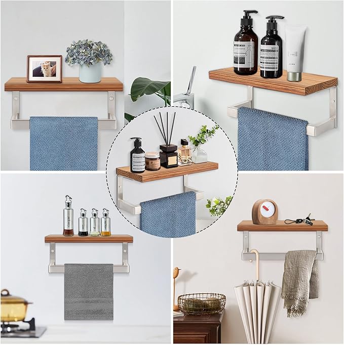 Hand Towel Holder/Towel Ring with Wooden Shelf, Hand Towel Rack, Hand Towel Hanger for Bathroom, Bath Accessories Wall Mounted (9"-Squ Shaped, Brushed Nickel)