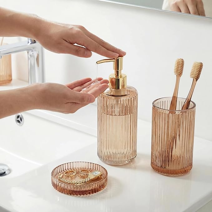 New Hensoar 3 Pcs Brown Bathroom Accessories Set, Glass Bathroom Set Include Soap Dispenser, Toothbrush Holder, Jewelry Tray for Modern Bathroom Decor, Housewarming Gift Set