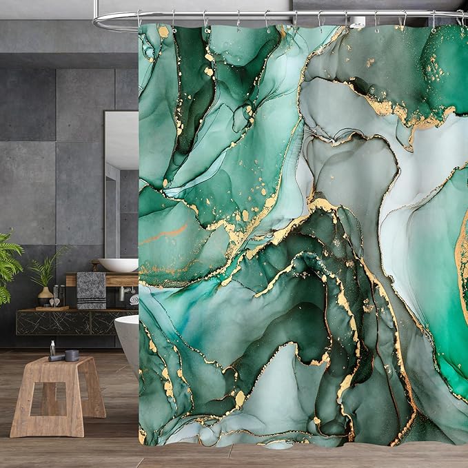 4PCS Emerald Green Marble Bathroom Sets with Shower Curtain and Rugs, Abstract Shower Curtain Sets with Rugs, Gold Bathroom Curtains Shower Set with Toilet Lid Cover Accessories