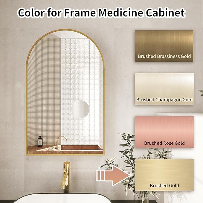 Arched Gold Medicine Cabinet with Mirror, 20x32 Inch Surface Mount Bathroom Storage Cabinet, Wall Mounted Mirror Cabinet with Adjustable Glass Shelf, Left or Right Door Opening, Brushed Gold Finish