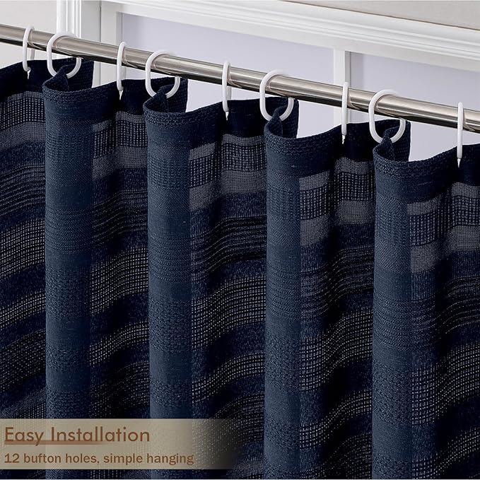 OVZME Navy Blue Shower Curtain for Bathroom, Boho Linen Textured Shower Curtain with Tassel, Rustic Striped Heavy Duty Vintage Country Bathroom Curtain, 72Wx72L Inches
