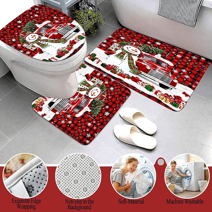Red Scarf Snowmans Truck Bathroom Sets with Shower Curtain and Rugs, Toilet Lid Cover, Bath Mat, Soft Fabric Cute Christmas Snowman Shower Curtain Set for Bathroom, Bathroom Decor Shower Curtains