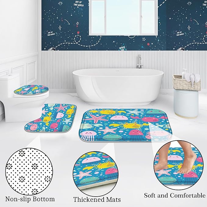 Poedist 4 Pcs Bathroom Shower Curtain Set,Kid's Bathroom Set,Ocean Octopus Shower Curtain Sets with Rugs(Bath Mat,U Shape and Toilet Lid Cover Mat) and 12 Hooks