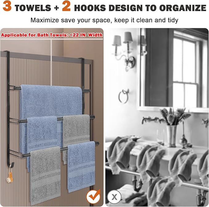 Livabber 3-Tier Over The Door Towel Rack, All Metal Towel Rack with Hooks for Door Hanging, Behind Door Towel Bar Towel Storage Holder for Bathroom Accessories, Black (22.8" L x 5.9" W x 24.4" H)