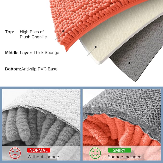 Smiry Luxury Chenille Bathroom Rugs 24x16, Extra Soft and Absorbent Shaggy Bath Mat, Machine Washable, Non-Slip Plush Carpet Runner for Tub, Shower, and Floor, Home Decor Accessories, Coral