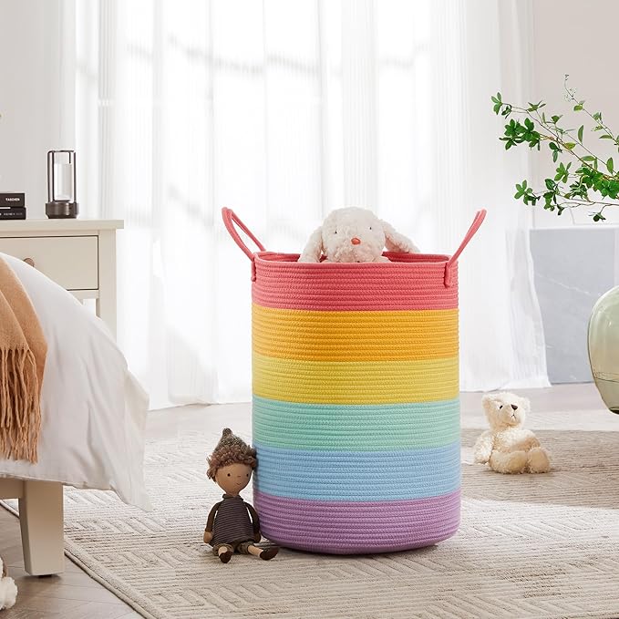 15”Dx20“H Rainbow Baby Girls Kids Hamper Laundry Basket for Nursery Toddler Clothes Blanket Toy Storage Woven Rope Unicorn Hamper in Playroom Bedroom 60L Large