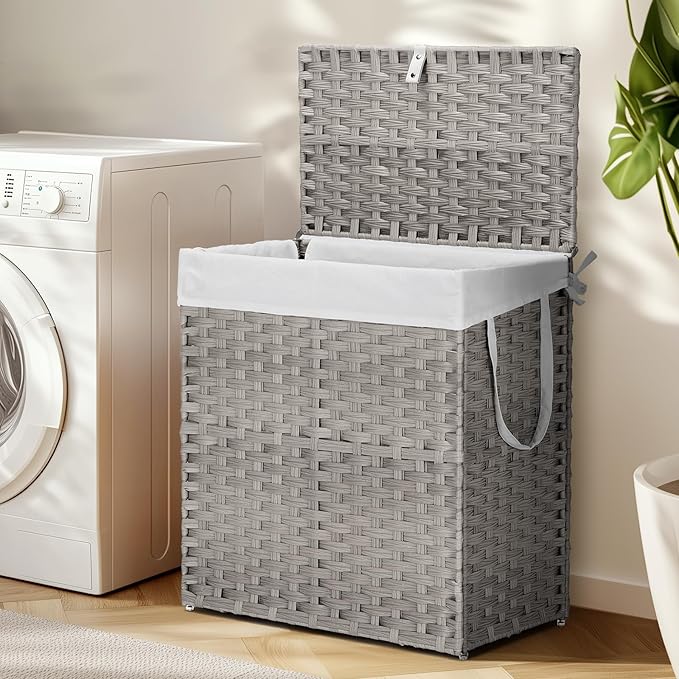 DUMOS Woven Laundry Basket with Lid, 110L Large Capacity Hamper, Removable & Machine-Washable Liner, Foldable Rattan Clothes Hamper, Sturdy Steel Frame, Odor Control, Dove Gray