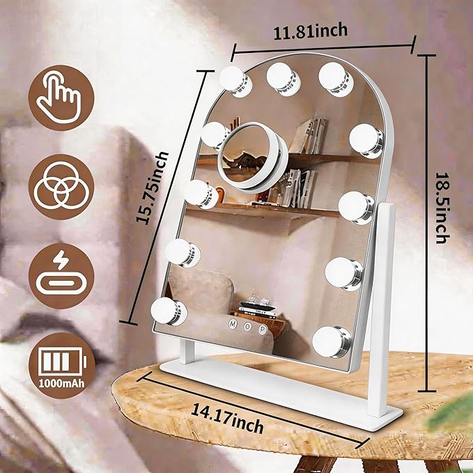 Arched Makeup Vanity Mirror with Lights LED Makeup Mirror Detachable 10X Magnification, Hollywood Make Up Mirror with Lighting, Smart Touch, Rechargeable,360° Rotation, White 18.5"x 14.17"