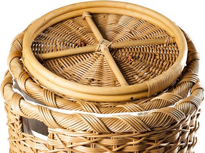 The Basket Lady Round Wicker Laundry Hamper, Large, 19 in Dia x 25 in H, Sandstone