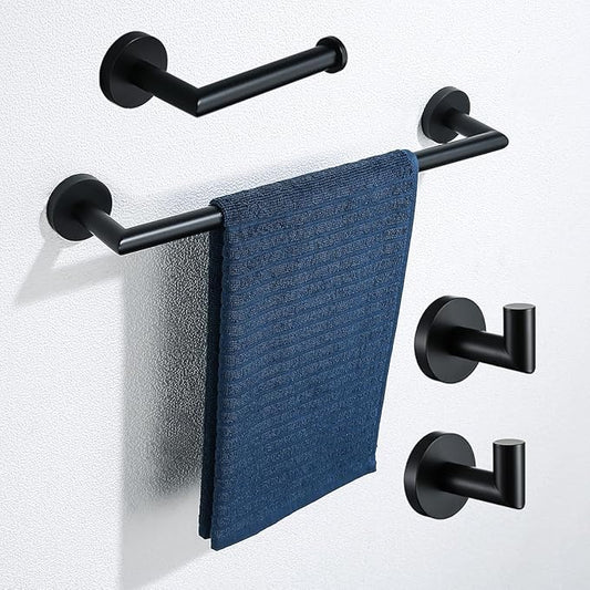 Matte Black 4 Pieces Bathroom Hardware Accessories Set with 18 Inch Towel Bar,Toilet Paper Holder,Towel Hooks,SUS 304 Stainless Steel Wall Mounted Bathroom Towel Bar Set,SE96018S-4MB