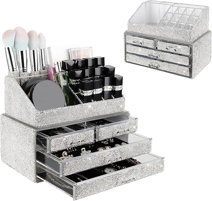 KEYPOWER Makeup Organizers Drawer Bling Diamond,Countertop Jewelry Cosmetic Storage Display Boxes,Makeup Brush Holder,2 Pieces Set(Purely Handmade) (White A)