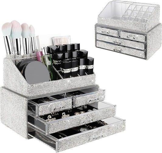 KEYPOWER Makeup Organizers Drawer Bling Diamond,Countertop Jewelry Cosmetic Storage Display Boxes,Makeup Brush Holder,2 Pieces Set(Purely Handmade) (White A)