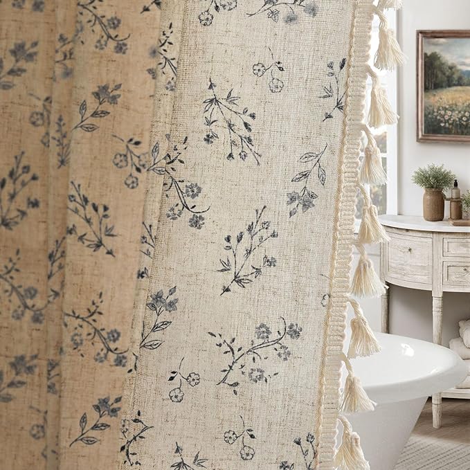 Black Floral Vintage Linen Shower Curtain, French Country Shower Curtains for Bathroom with Tassels, 72Wx72H