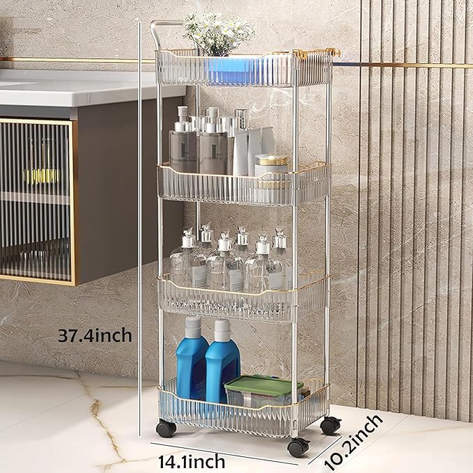 Acrylic Storage Trolley, Laundry Room Organization Mobile Shelves Bathroom Kitchen Rolling Utility Cart with Handle and Lockable Wheel(Clear,14.1x10.2x37.4inch)