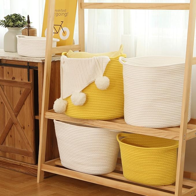 Sea Team Medium Size Cotton Rope Woven Storage Basket with Handles, Laundry Hamper, Trunk Organizer, Clothes Toys Bin for Kid's Room, 14 x 14 inches, Round Open Design, Yellow