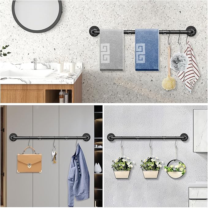 NearMoon Industrial Pipe Towel Bar, Heavy Duty Bathroom Hardware Towel Holder Accessory, Wall Mounted DIY Rustic Iron Bathroom Towel Rack Holder (40 Inch, Black)
