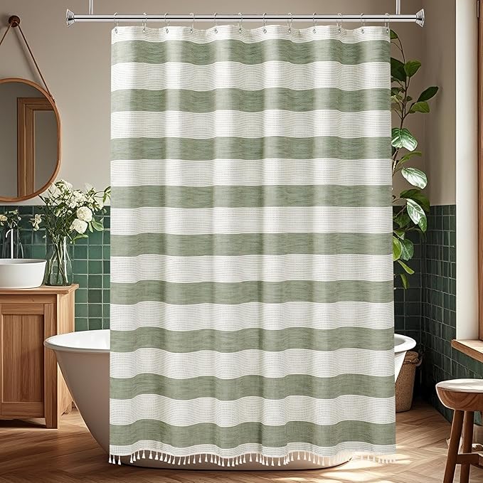 Boho Farmhouse Thick Shower Curtain with Tassels, 350GSM Cotton Linen Soft Fabric Shower Curtain Heavyweight, Sage Green Rustic Country Striped Bathroom Decor Curtain Water Repellent