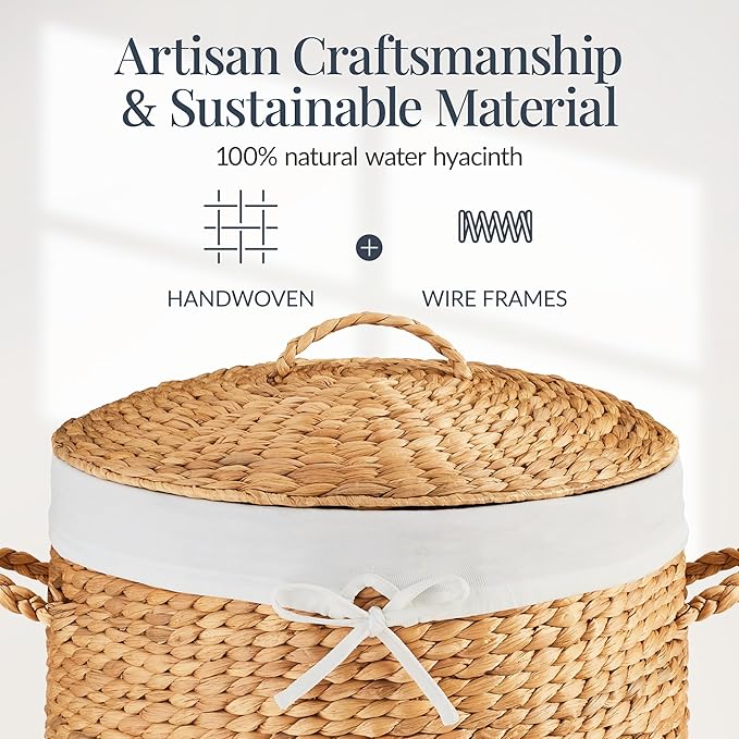 Best Choice Products Round Laundry Hamper w/Lid, Handwoven Laundry Basket, Built-in Handles & Removable Liner for Clothes, Towels, Blanket & Storage Organization - Natural