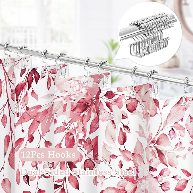 Gibelle 3 in 1 Shower Curtain Set, 72x72 Pink Eucalyptus Bath Curtain and PEVA Liner Set with 12 Metal Hooks, Waterproof Fabric Bathroom Curtain