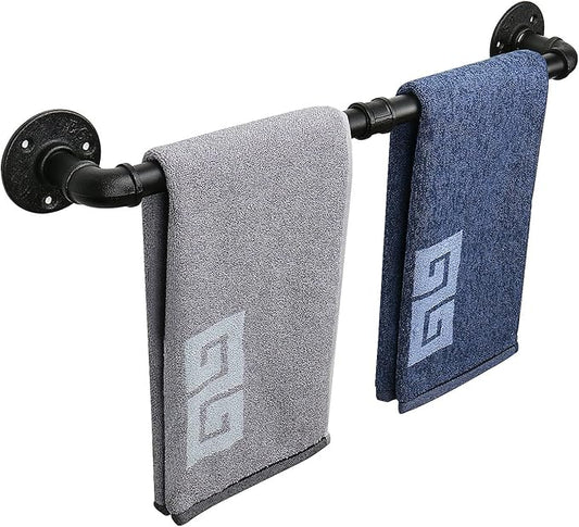 NearMoon Industrial Pipe Towel Bar, Heavy Duty Bathroom Hardware Towel Holder Accessory, Wall Mounted DIY Rustic Iron Bathroom Towel Rack Holder (18 Inch, Black)