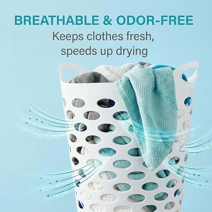 3 Pack Round Tall Plastic Laundry Basket with Handles, Lightweight & Flexible, 2.2 Bushels Large Capacity, Easy to Clean, Space Saving Laundry Hamper for Bedroom, Dorm, Bathroom, White
