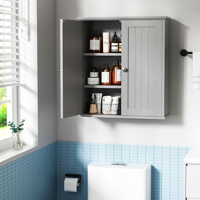 SUNLEI Bathroom Medicine Cabinet with 2 Doors, Bathroom Wall Cabinet with Storage, Space Saving Storage Cabinet with 3-Tier Shelves, Grey