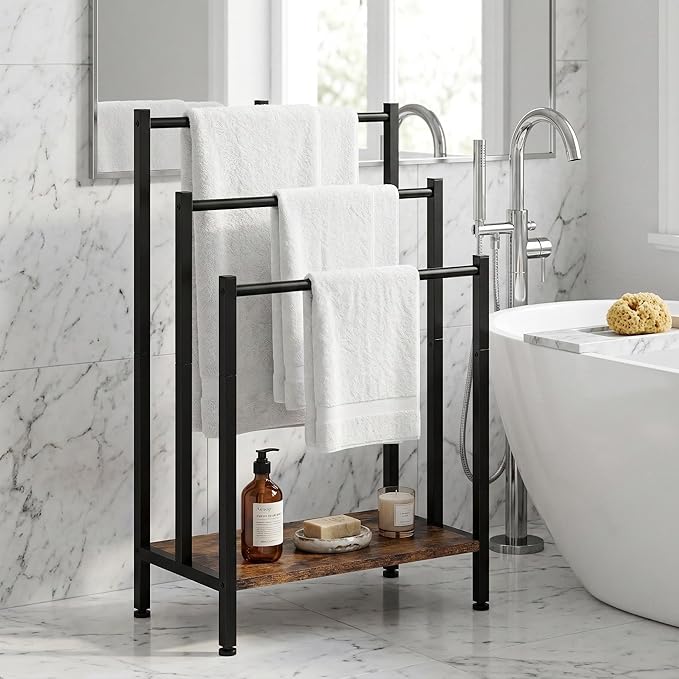 Free Standing Towel Rack, 3 Tier Freestanding Towel Stand with Storage Shelf, Metal Blanket Rack Stand for Bathroom, Bedroom, Living Room, Rustic Brown