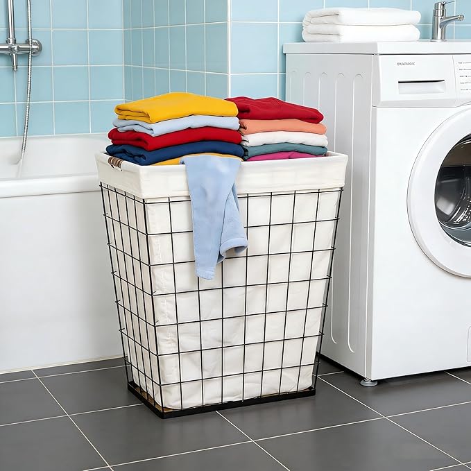 Steel Wire Laundry Hamper with Removable Cotton Blend Liner, 75L Rectangular Laundry Basket Ideal for Laundry, Storage, Decorative,Cream
