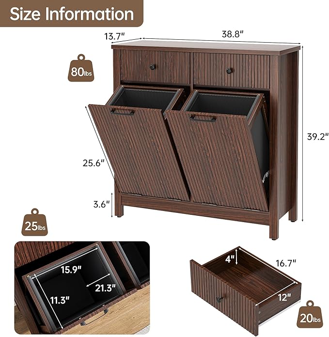 Airynee Double Tilt-Out Laundry Hamper Cabinet with 2 Drawers, 20 Gallon Fluted Trash Can Cabinet with Laundry Basket, Hidden Wood Garbage Can Bin Cabinets for Bathroom & Kitchen, Brown