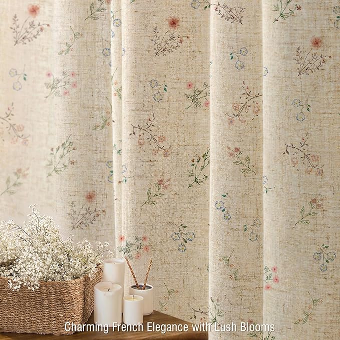 Floral Vintage Linen Shower Curtain, French Country Shower Curtains for Bathroom with Tassels, 72Wx90H