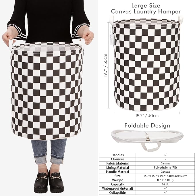 Sea Team 19.7 Inches Large Sized Waterproof Coating Ramie Cotton Fabric Folding Laundry Hamper Bucket Cylindric Burlap Canvas Storage Basket with Stylish Grid Black Design