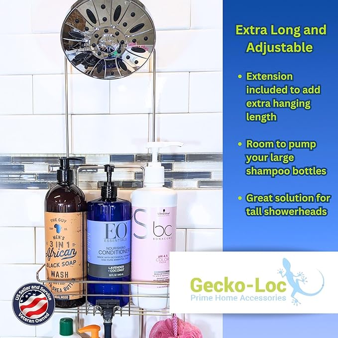 Gecko-Loc Extra-Long Adjustable Over-the-Showerhead Shower Caddy – Rustproof Stainless Steel Organizer with Suction Stabilizer, Deep Basket & Hooks – No-Drill, Tool-Free Installation (Silver)