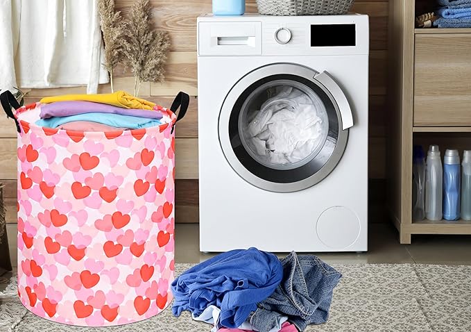 Round Valentine's Heart Pattern Laundry Hamper Clothes Storage Basket Fabric Storage Hamper Organization Storage Bin, Nursery Box,Gift Basket with Handles