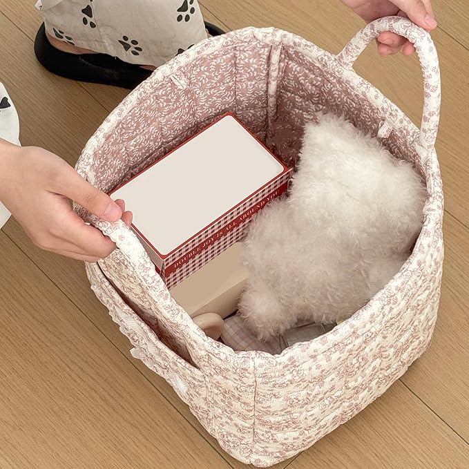 Quilted Fabric Basket Car Storage Basket Boho Floral Laundry Hamper for Nursery Bedroom & Living Room | Organize Clothes Toys