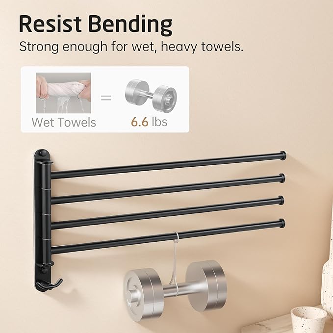 KES Extra Long 19.5" Swivel Towel Rack, Black Swing Arm Towel Bar 4-Arm, Swing Out Towel Rack for Bathroom Wall, Hand Towel Racks Wall Mounted 18/8 Stainless Steel Matte Black, A2103S4L50-BK