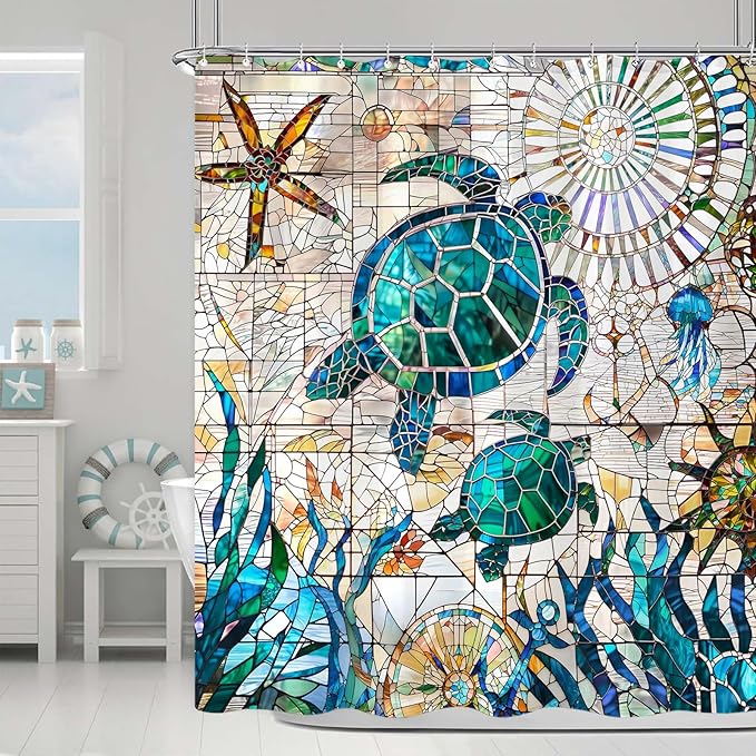 Accnicc Nautical Sea Turtle Shower Curtain Teal Blue Stained Glass Ocean Theme Coastal Shower Curtains for Bathroom Vintage Map Beach Waterproof Fabric Bath Curtain Decor 72x72 Inches