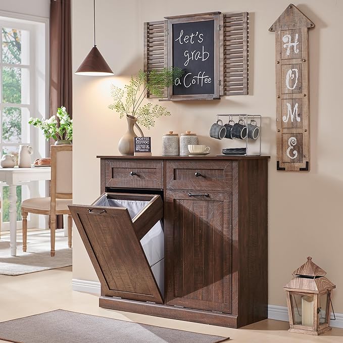 IFBUY Double Tilt Out Laundry Hamper Cabinet, 20 Gallon Farmhouse Trash Can Cabinet with Drawer, Hidden Wood Garbage Can Bin Cabinet with Laundry Storage Basket for Bathroom, Kitchen, Brown