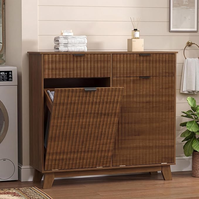 Wodeer Double Tilt Out Laundry Hamper Cabinet with 2 Drawers & Baskets, 20 Gallon Fluted Hidden Trash Can Cabinet, Farmhouse Wood Laundry Storage Cabinets for Bathroom, Kitchen, Walnut