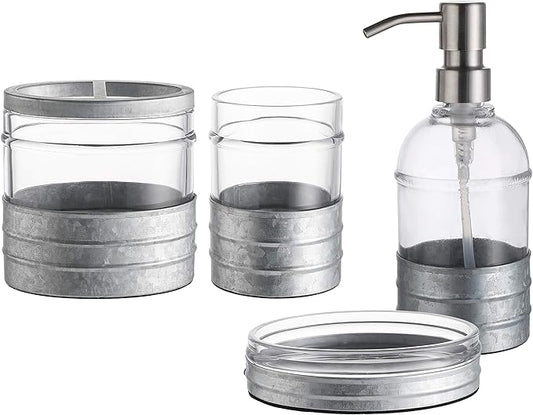 4PCs Heavy Weight Decent Blue Glass Bathroom Accessories Set with Decorative Pressed Pattern - Includes Hand Soap Dispenser & Tumbler & Soap Dish & Toothbrush Holder (Metal)