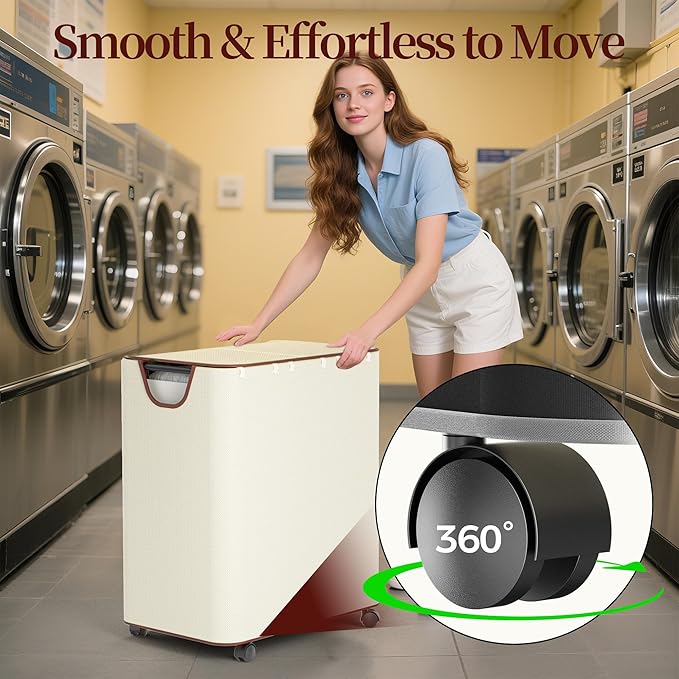 LAMU 145L Laundry Hamper with Wheels, Rolling Laundry Basket with Lid and 3 Removable Laundry Bag, Sturdy Large Capacity 3 Section Dirty Clothes Hamper for Laundry Room, Bedroom, Bathroom, Dorm, Beige