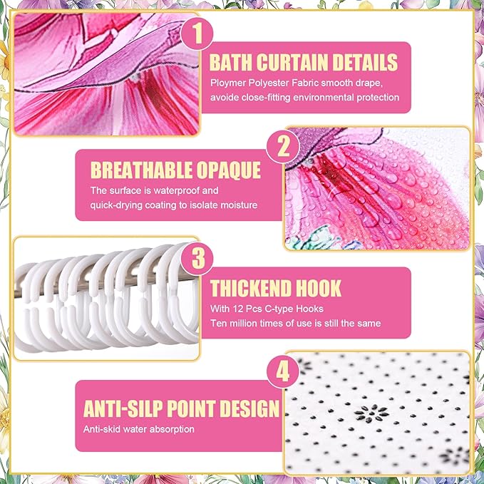 Nuanchu 6 Pcs Spring Shower Curtain Set with Rug Hummingbird Bathroom Sets with Shower Curtain Bath Mat U Shaped Mat Toilet Lid Cover 2 Bath Towels and 12 Hooks Hummingbird Flower Bathroom Decor