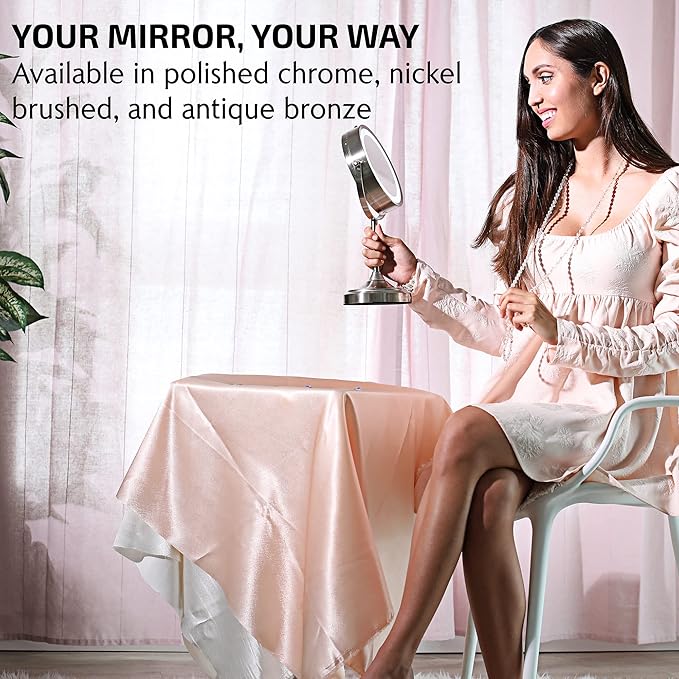 OVENTE 7'' Lighted Makeup Mirror with 1X/7X Magnification, Cordless Tabletop Mount Vanity Mirror with 360° Swivel Design & Double Sided Glow Cosmetic White LED Ring Light, Nickel Brushed MCT70BR1X7X