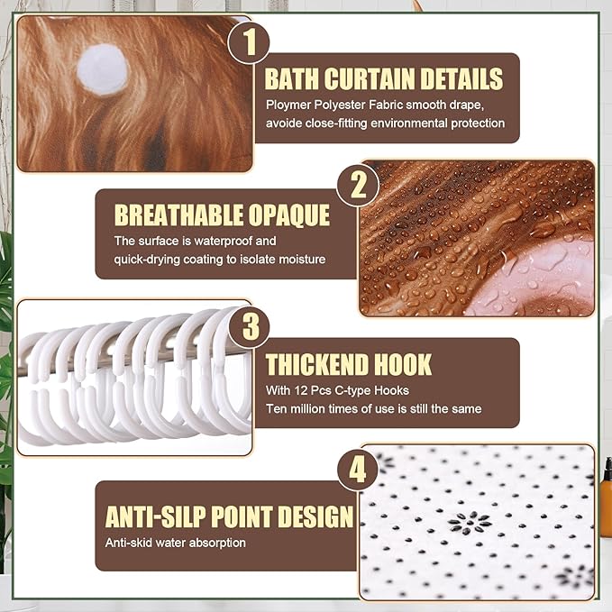 Nuanchu 6 Pcs Highland Cow Shower Curtain Set with Rug Bathroom Sets with Shower Curtain Bath Mat U Shaped Mat Toilet Lid Cover 2 Bath Towels and 12 Hooks Highland Cow Bathroom Decor