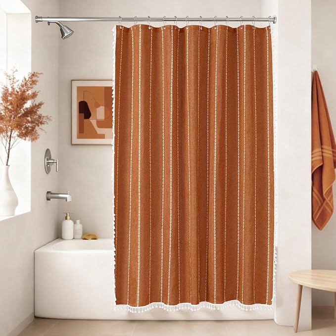 72 x 76 inch Extra Long Boho Chic Shower Curtain Heavyweight with Tassels, Sunset Orange Linen Textured Fabric Farmhouse Shower Curtain, Elegant White Striped Bathroom Curtain Water Repellent