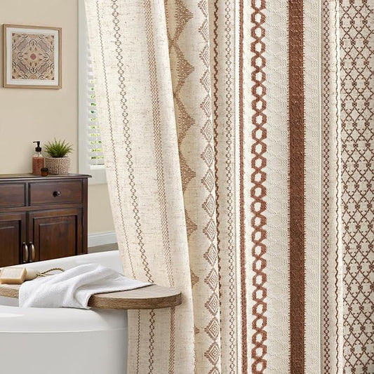 Boho Linen Shower Curtain for Bathroom,Brown Striped Print and Twine-Inspired Woven Center,72" W x 72" L