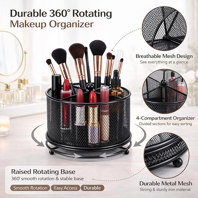 360° Rotating Makeup Brush Holder, Metal Perfume Organizer, 4 Compartments Desk Storage, Makeup Organizer Countertop for Vanity, Desktop, Bathroom, Black