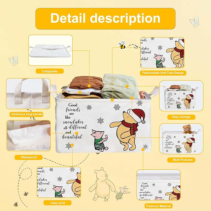 Winnie Theme Christmas Nursery Decor,the Pooh Christmas Gift,Large Canvas Laundry,Hamper Winnie Baby Stuff with A Waterproof PE Coating,Foldable Toys Bin